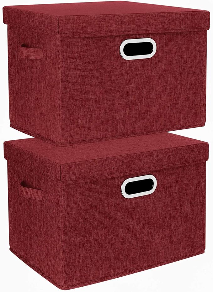TYEERS Collapsible Storage Bins With Lids, Large Fabric Storage Boxes - 2 Pack - Red Wine