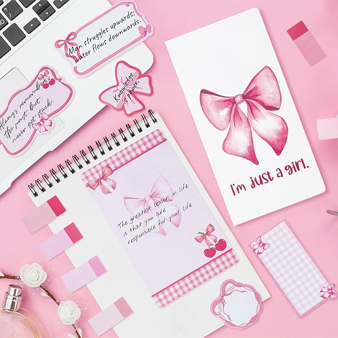 Xqumoi Coquette Pink Bow Sticky Notes Set - I’m Just A Girl Self-Stick Note Pads Bowknot Notepads Writing Memo Pad Page Marker Bookmarker Preppy Girly Stuff Back to School Office Supplies Gift