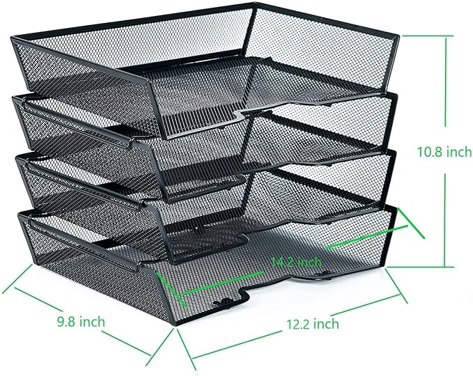 SETTFRFE 4 Tier Metal Mesh Desk Organizer-Stackable Letter Trays for Office Supplies,Black File Storage System with Reinforced Edges