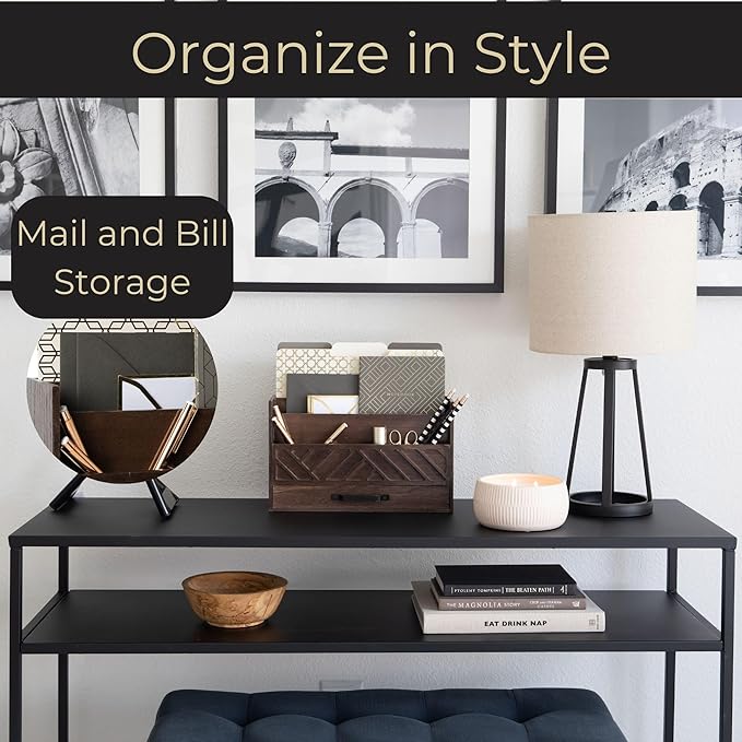 BLU MONACO Mail Organizer for Desk – Brown Wooden Mail Sorter with Drawer and 6 Compartments – Rustic Letter Organizer with Black Handle – Desktop File Holder for Home Office, Entryway, or Kitchen