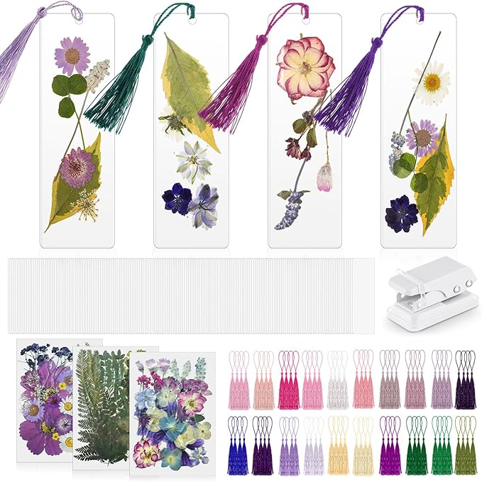 150 Pcs DIY Pressed Dried Flower Bookmark Making Kit, DIY Bookmark Bulk Thanksgiving Teacher Gifts for Reading Women Book Lovers(2 x 8 Inch,Purple)