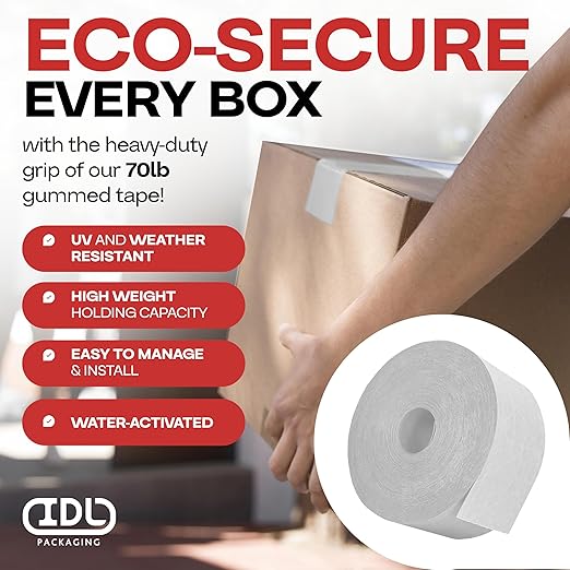 IDL Packaging 3" x 375 feet Reinforced Water-Activated Kraft Gummed Tape 70lb Thickness - Secure Paper Packing Tape for Secure Carton Sealing - Heavy-Duty for All Conditions, White