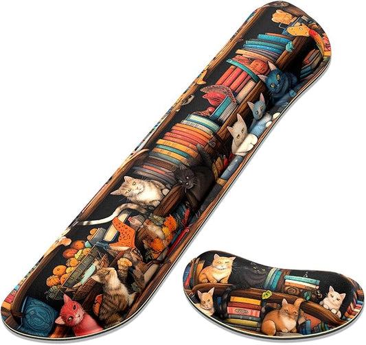 Dapesuom Enlarge Keyboard Wrist Rest, Memory Foam Wrist Cushion for Desk Mats Support, Cute Typing Pain Relief Keyboard Mouse Pad Rests Set with Non-Slip Base for Gaming Laptop Computer, Library Cats