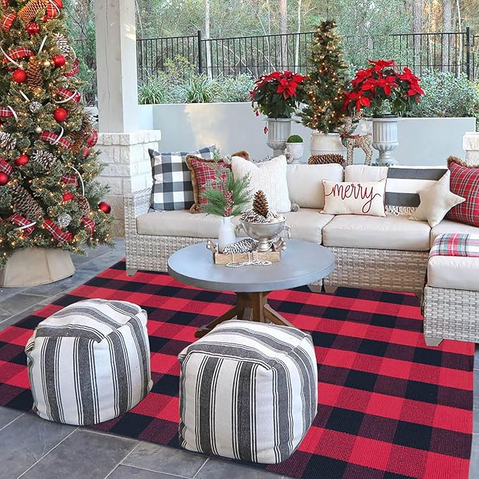Red and Black Plaid Rug, 4' x 6' Check Outdoor Front Door Decorative Mat, Cotton Woven Rug for Layered Door Mats Washable Carpet for Porch, Entryway, Farmhouse, Christmas, Halloween