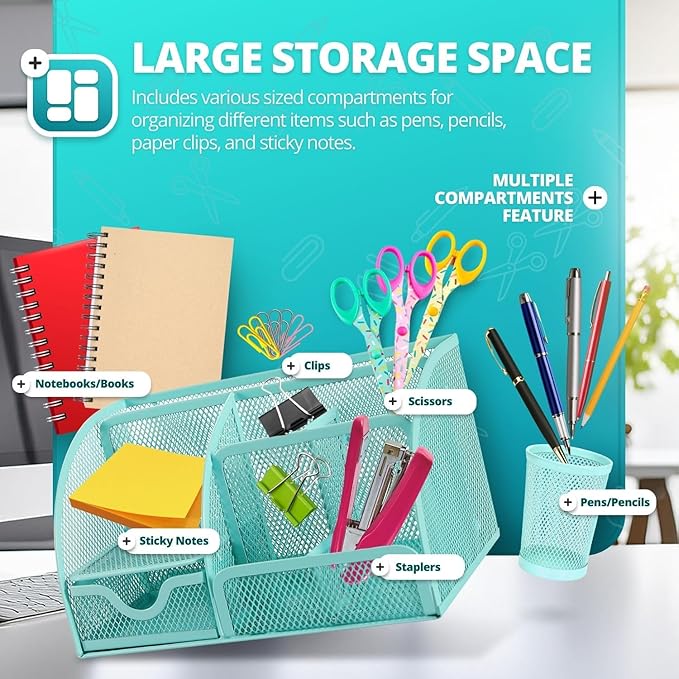 Flexzion Desk Caddy Organizer Set (Green) - Metal Mesh Desktop Caddy with Drawers, 6 Compartments, and Pencil Holder for Women & Men - Desktop Organizer and Storage for Work or Office Supplies