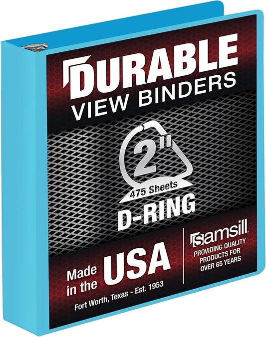 Samsill Durable 2 Inch Binder, Made in The USA, D Ring Binder, Customizable Clear View Cover, Sky Blue, Holds 475 Pages