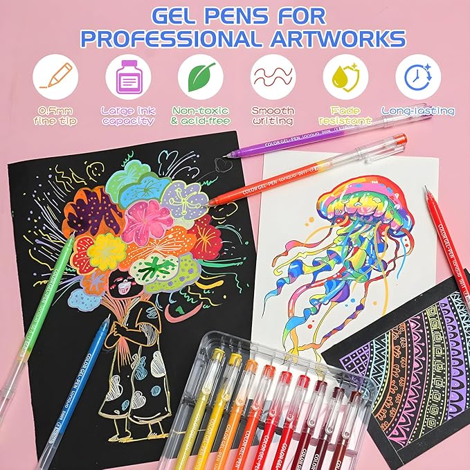 99 Color Gel Pens, 0.6 mm Fine Tip Gel Pens for Adult Coloring Book—Portable Case gel pens Colored for Journaling, Coloring, Planners, Drawing & DIY Crafts. Non-Toxic,Smooth,Water-Based