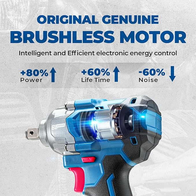Dong Cheng 20V Brushless Impact Wrench, Max Torque 360 ft-lbs (488N.m), 1/2 inch with 3 Mode Speed, 2400 RPM Cordless Impact Gun, Includes 4.0Ah Battery, Charger, 4 Impact Sockets and Kit Bag