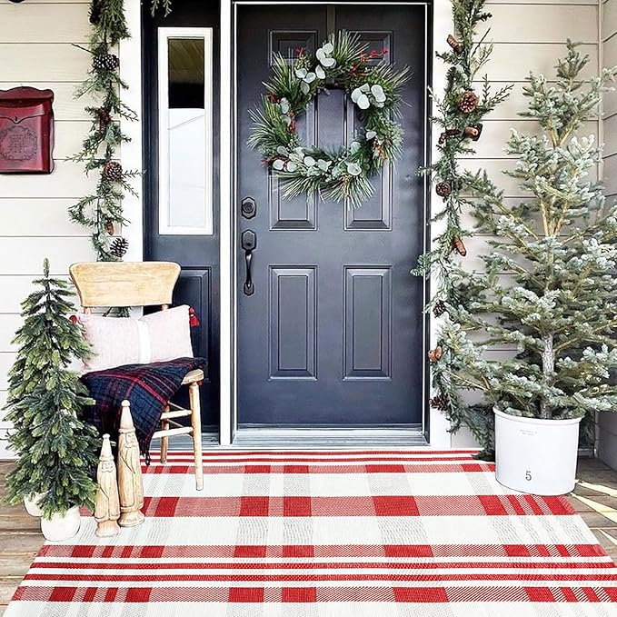 Christmas Plaid Outdoor Rug, 3' x 5' Red&White Check Indoor/Outdoor Area Rug, Layering Rug for Hello/Welcome Door Mat, Machine Washable Cotton Woven Rug for Farmhouse Front Porch, Entryway