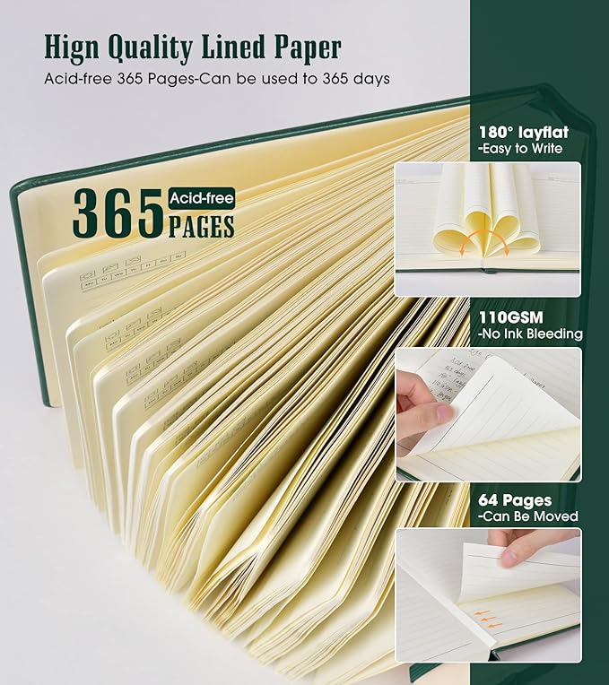 Lined Journal Notebook, 365 Pages B5 Large Journals for Writing Ruled Notebook, Hardcover Leather Journal for Women Men, Daily Notebook for Work, Note Taking, 100Gsm Thick Paper(7.6'' X 10'' Green)