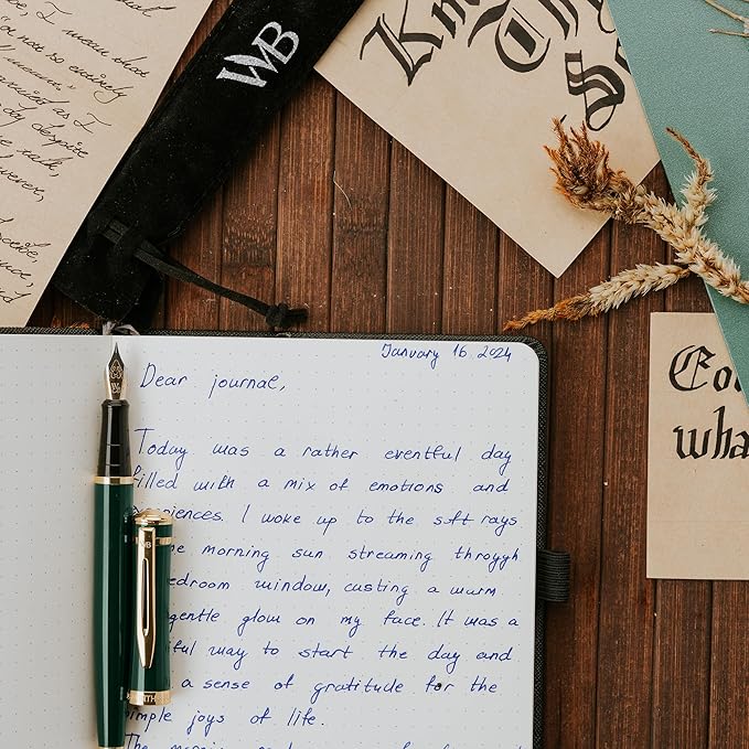 Wordsworth & Black Fountain Pen Set, 18K Gilded Medium Nib, Includes 24 Pack Ink Cartridges, Ink Refill Converter & Gift Pouch, Gold Finish, Calligraphy, [Racing Green], Perfect for Men & Women