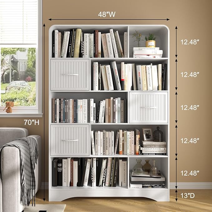 70" Tall Book Shelf and Bookcase, Tall Bookshelf with Storage, 48" Wide Modern Bookcase with Adjustable 3 Bins Storage, Large Bookshelf Wood 13" Deep Display Shelves for Living Room, Home Office,White
