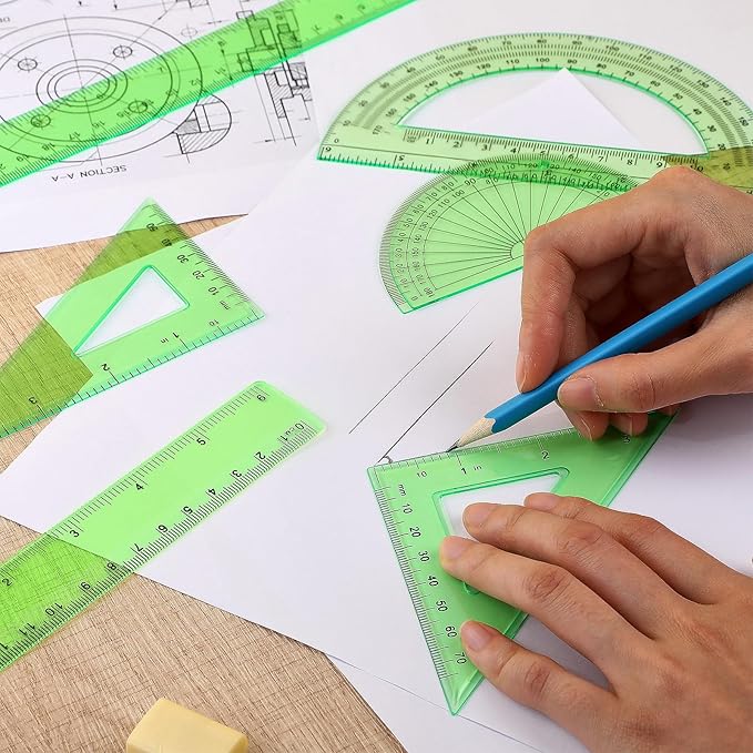 Zonon 1 Set Plastic Geometry Math Set Includes Drawing Compass, 6 Inch 4 Inch Protractor, 45/60 Degree Triangle Rulers 12 Inch 6 Inch Math Ruler Transparent for Office Supplies(Green)