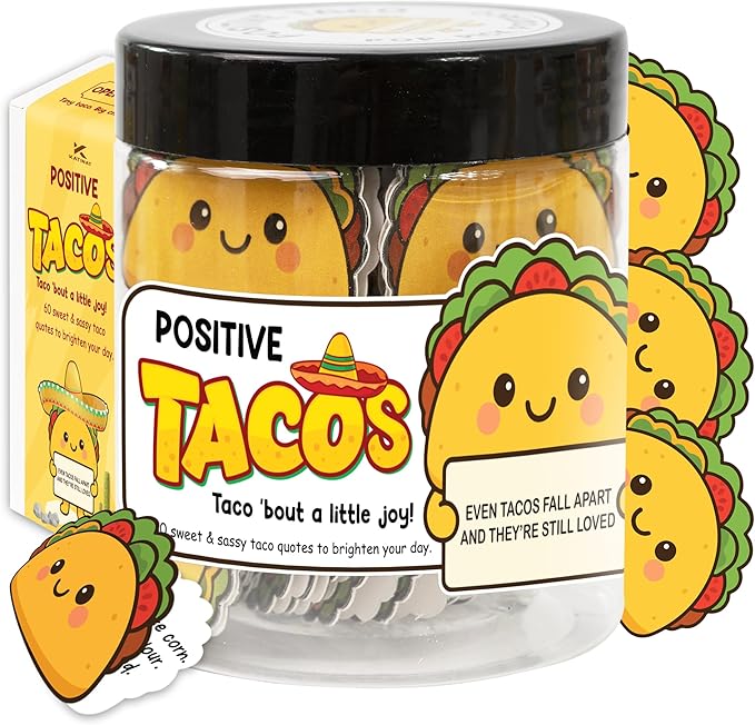 Positive Taco Jar – 60 Funny Emotional Support Taco, Back to School Gift for Students, Teachers, White Elephant Gifts For Women, Men, Corworker, Mental Health Gift, Birthday Gifts for Women