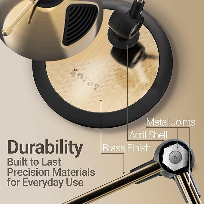 OTUS Desk Lamp for Home Office | Tall LED Architect Desk Light with Gesture Control & Touch | 1500 Lux Eye-Caring Dimmable for Study, Reading, Video Calls | 12 Levels & 3 Colors | Brass Swing Arm Lamp