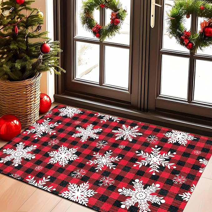Merry Christmas Snowflakes Red Plaid Door Mat, Christmas Buffalo Plaid Doormat with Non-Slip Backing Front Porch Rug Welcome Mats for Home Indoor Outdoor, 16" x 24" Inch