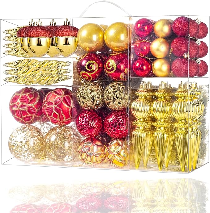 123pcs Christmas Ball Ornaments Set, Shatterproof Plastic Balls for Classic Xmas Decorations, Hanging Ornaments for Christmas Tree, Holiday, Bridal, Home Party, Gold and Red