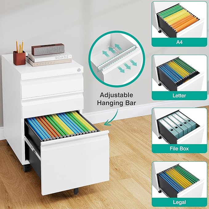 Assembled 3 Drawer File Cabinet with Wheels,Under Desk File Cabinet with Lock,White Rolling Filing Cabinets, Metal Filing Cabinets for Home Office,Fit A4/Letter/Legal,Pre-Assembled Except Caster