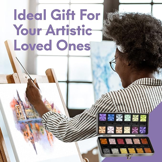 MozArt Supplies Komorebi Professional Metallic Watercolor Set - Portable Metal Box with Safety Lock and Fully Detachable Pans for Easy Customization - 24 Shimmering Colors for Arts and Crafts