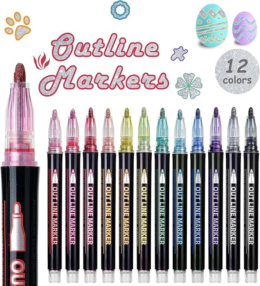 Outline Shimmer Markers, 12 Glitter Metallic Pens Tween Teen Girl Gifts Trendy Stuff 4-16 Year Old, Arts Crafts Kids Ages 8-12, Cool Travel Essentials for Kids Girls Ages 4-8-12-16