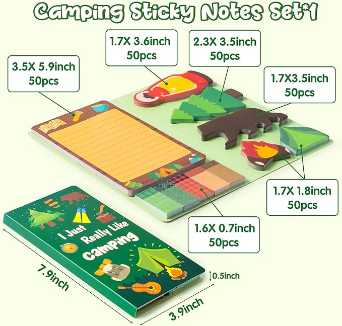 Xqumoi I Just Really Like Camping Sticky Notes Set, 550 Sheets, Camp Adventure Self-Stick Note Pads Tree Bear Tent Writing Memo Pads Page Marker Student Classroom Back to School Gift Office Supplies