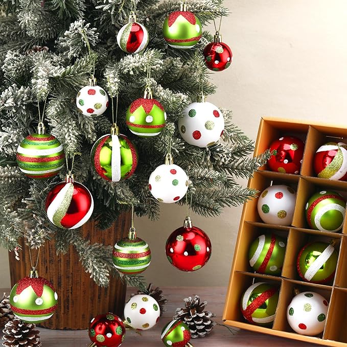 64 Pcs Christmas Ball Ornaments Lime Green Red Christmas Ornament Plastic Christmas Tree Decoration Assorted Size Dot Stripe Christmas Ornament for Tree Home Indoor Decor, 1.6/1.97/2.4 Inch