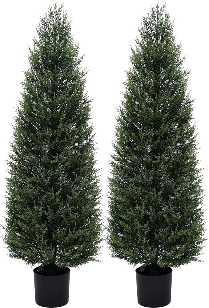 2Pack 5ft Outdoor Artificial Cedar Topiary Trees, All-Weather Faux Pine for Home Porch Entryway Decor