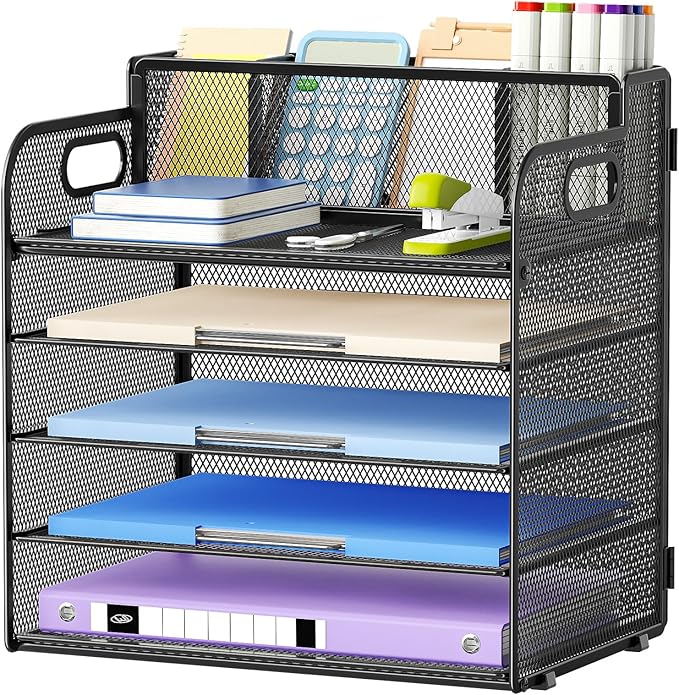 Marbrasse 5 Tier Paper Organizer with 3 Pen Holders, Mesh Desk File Organizer with Handle, Paper Sorter Desk Organizer for Home Office Supplies(Black)