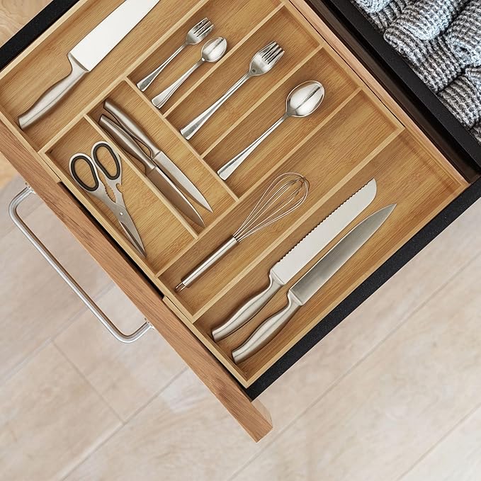 Bamboo Drawer Organizer - Expandable Kitchen Utensil Holder, Adjustable Silverware Drawer Organization, Kitchen Wooden Tray for Cutlery, Flatware & Stationery, 6-8 Slots (Natural)