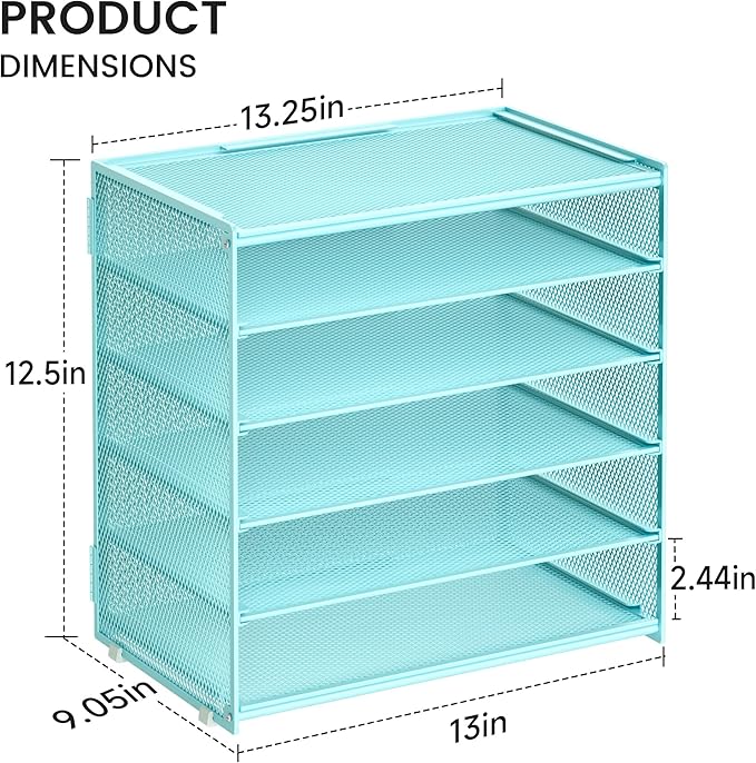 2 Pack 6 Tier Paper Organizer, Metal Mesh Desk File Folder, Letter Tray Organizer, Paper Sorter Desk Organizers for Office, Home or School File Folder Holder - Blue
