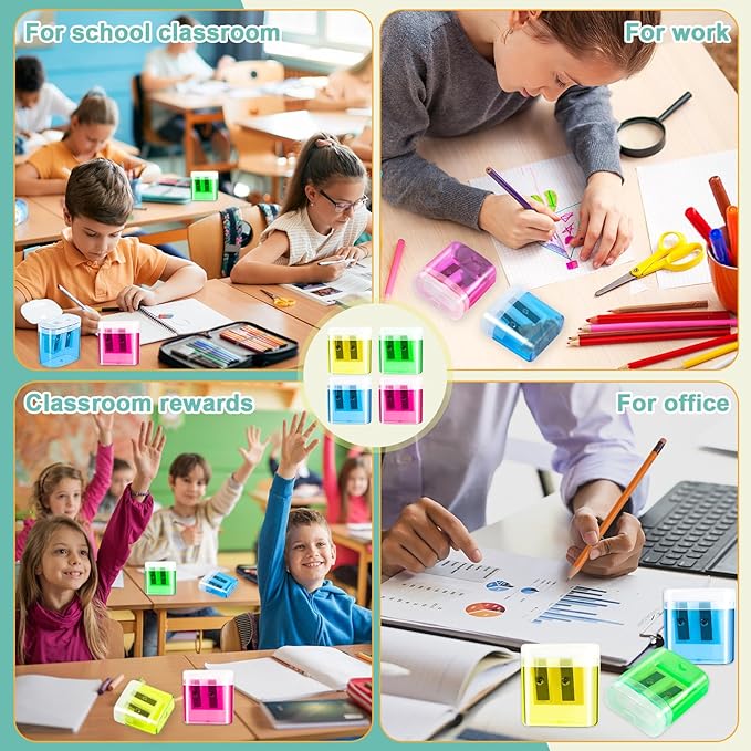 60 Piece Pencil Sharpener Bulk, Manual Dual Holes Pencil Sharpeners for Kids, 4 Colorful Handheld Pencil Sharpeners with Lid Portable Compact for School Supplies Classroom Office Students Home