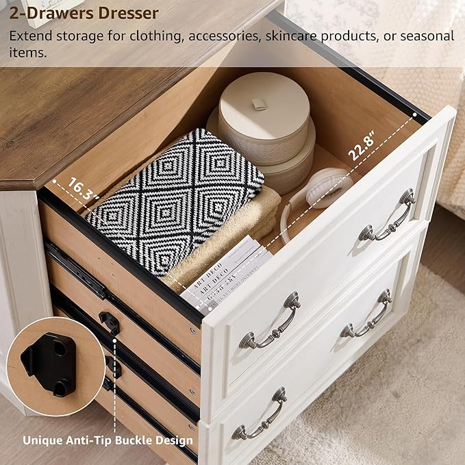 T4TREAM 2 Drawer File Cabinet-30 Wide Wooden Extended Desktop, Farmhouse Filing Cabinet with Smooth Rails, Holds Letter/Legal/A4, Hexagonal Design & Framed Drawer Fronts, Antique White