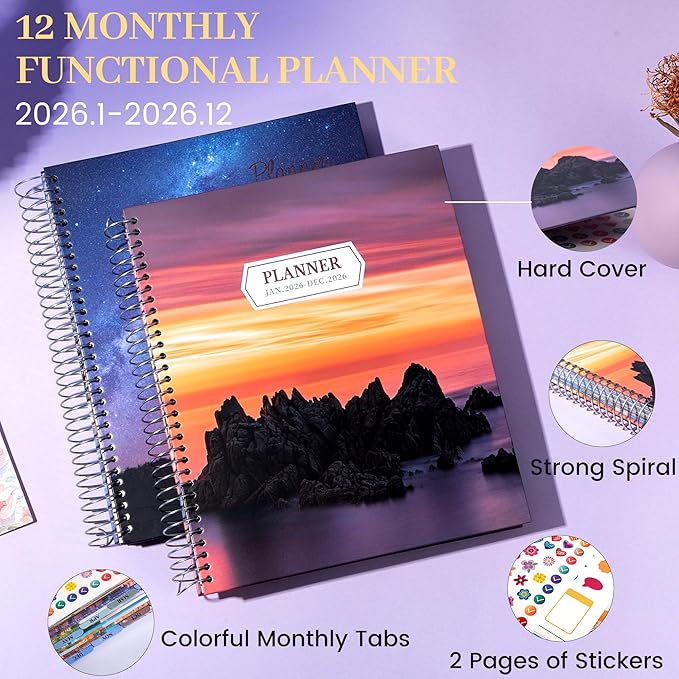 CAGIE 2026 planner Weekly and Monthly Jan 2026-Dec 2026 Hardcover Hourly Daily Planners for Women 26 Calendar Planner with Stickers Spiral Bound Yearly Agenda, 8.5 x 11, Purple
