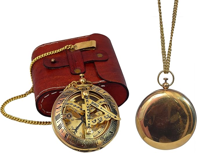 Vintage Brass Sundial Compass with Leather Case - Antique Brass & Copper Sun Clock for Camping, Hiking, Touring - Engraved Gift for Him - Nautical Ship Replica Watch - Sundial Clock in Box