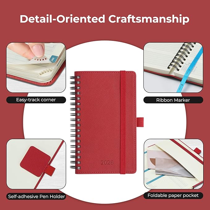 Planner 2026 Daily Weekly and Monthly,6.5"x3.75",12 Months Spiral Bound Calendar Agenda with Self-adhesive Pen Holder,2026 Appointment Book with Vegan Leather Soft Cover,Red