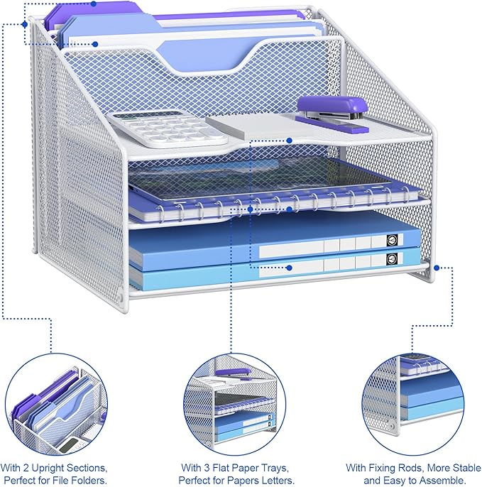 samstar White Desk File Organizer, Mesh Letter File Folder Holder with 3 Paper Trays and 2 Vertical Upright Section, for Office Supplies, Desk Accessories & Workspace, White