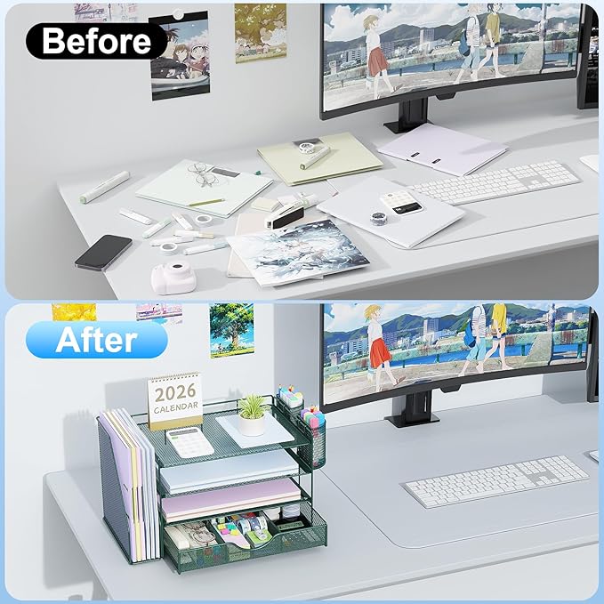 gianotter 4-Tier Desk Organizer with Drawers, File Holders, Letter Trays and Pen Holders - Workspace Accessories for Office Supplies (Green)