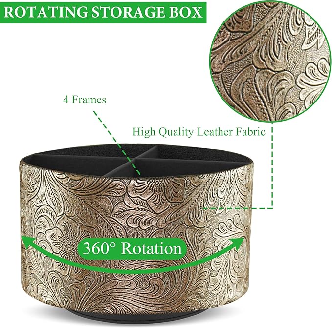 lizimandu Round Leather Art Supply Organizer,Remote Control Holder,360 Degree Spinning,Multi-Functional Pencil Holder,4 Compartments Desktop Stationary Organizer(1-Gold)