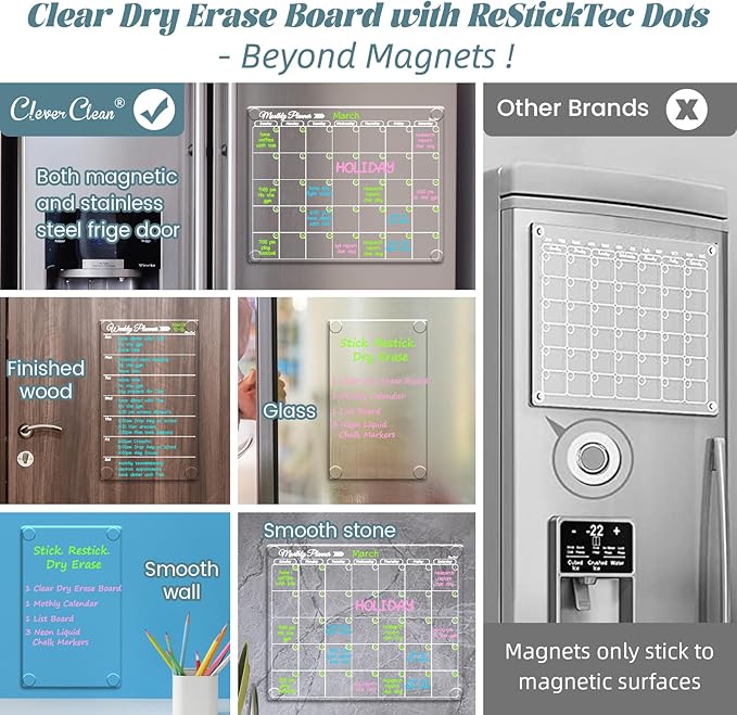 Clear Non-Magnetic Calendar Set for Fridge - Dry Erase Transparent Monthly, Weekly Calendar and Blank Board - Sticks to Wall, Glass, Door, Any Smooth Surfaces
