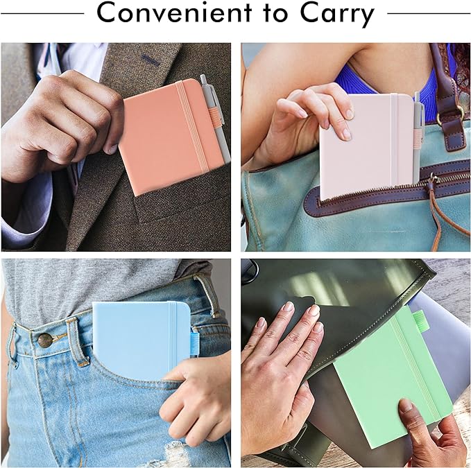 feela 6 Pack Pocket Small Notebooks Bulk, Mini Cute Memo Notepads Hardcover College Ruled Lined Journals with Pen Holder for Women Girls Office School, with 6 Black Pens, 3.5”x 5.5”, A6, Pastel Colors