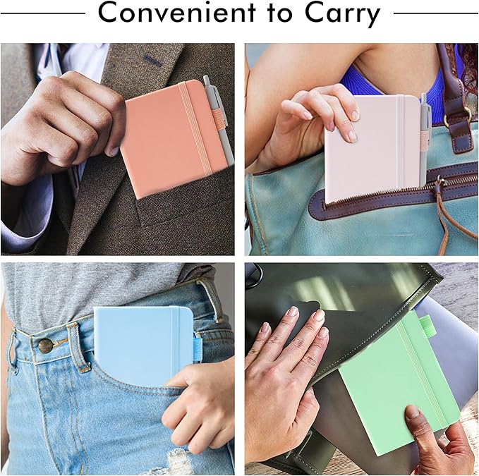 feela 6 Pack Pocket Small Notebooks Bulk, Mini Cute Memo Notepads Hardcover College Ruled Lined Journals with Pen Holder for Women Girls Office School, with 6 Black Pens, 3.5”x 5.5”, A6, Pastel Colors