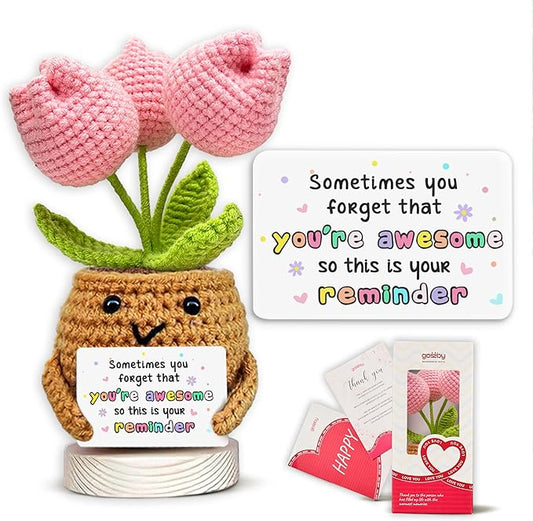 Gossby Handmade Positive Tulip Flower Crochet - Sometimes You Forget You're Awesome - Inspirational Gift for Women - Birthday, Appreciation, Positive Gift for Teacher, Mom, Friend, Coworker