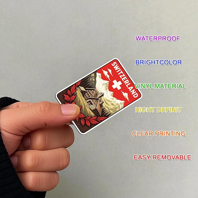 100 PCS Switzerland Stickers Pack, Vinyl Waterproof Decals of Zurich Alps Matterhorn Swiss Flag Cheese Chocolate Travel Souvenirs, Gift for Kids Teens Adults Scrapbook Laptop Water Bottle Car