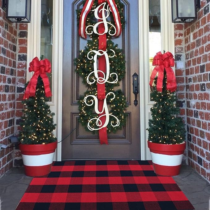 Red and Black Plaid Rug, 2'4" x 3'7" Check Outdoor Front Door Decorative Mat, Cotton Woven Rug for Layered Door Mats Washable Carpet for Porch, Entryway, Farmhouse, Christmas, Halloween