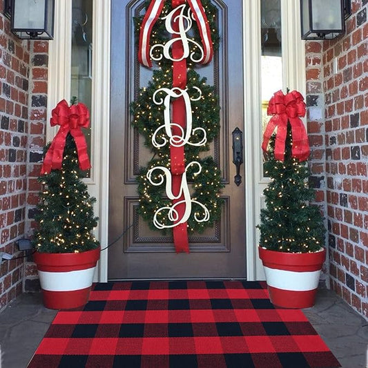 Red and Black Plaid Rug, 2'4" x 3'7" Check Outdoor Front Door Decorative Mat, Cotton Woven Rug for Layered Door Mats Washable Carpet for Porch, Entryway, Farmhouse, Christmas, Halloween