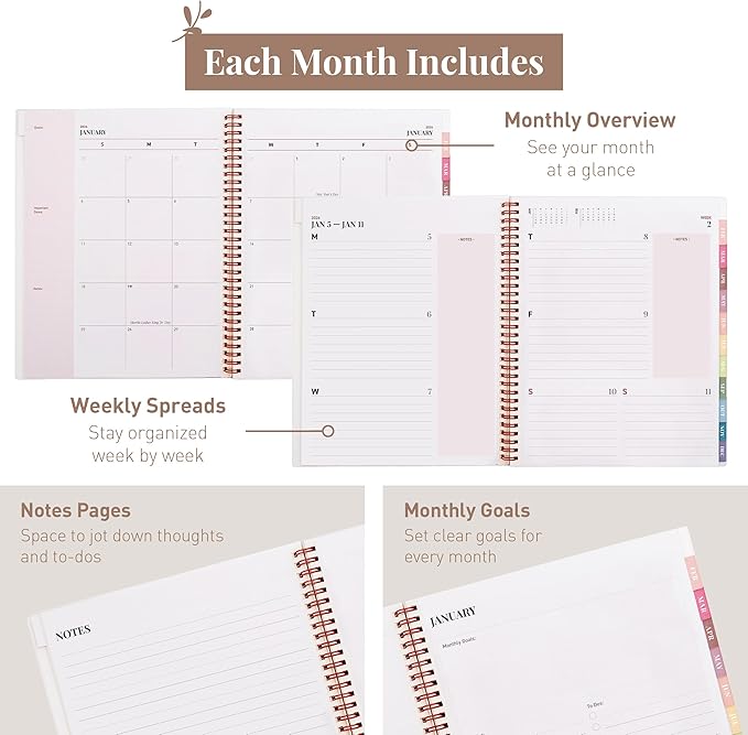 Rileys 2026 Planner, Agenda Planner With Weekly And Monthly View, Daily Agenda Book And Yearly Planners Calendar Book, Spiral Bound With Tabs, Notes, Goals And Holidays (Float, Pink, 8.5 x 11 in)