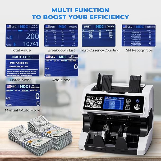 MUNBYN Bank Grade Money Counter Machine Mixed Denomination with External Display+Printer in One, Value Counting, Serial Number, Multi Currency, 2CIS/UV/IR/MG/MT Counterfeit Detection, 2Y Warranty
