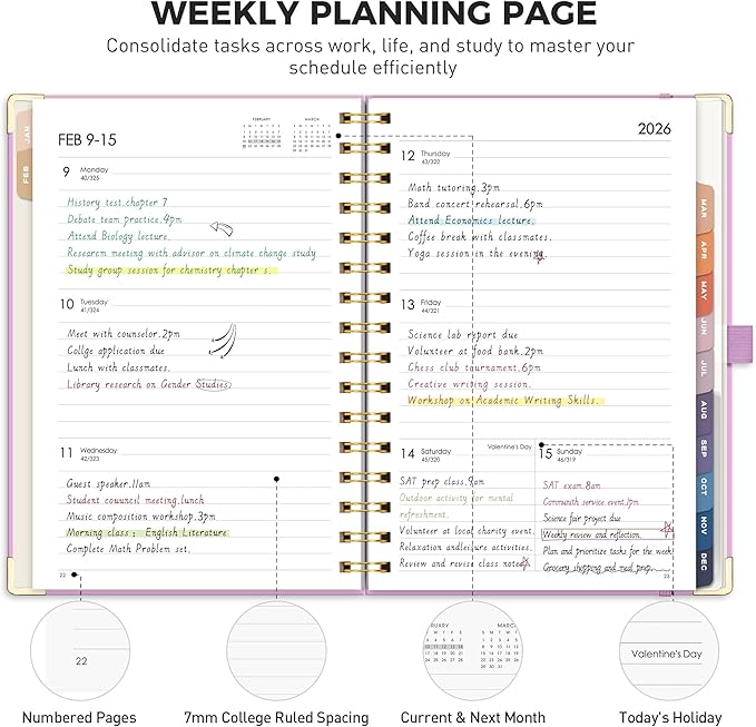 RETTACY 2026 Planner, Weekly and Monthly, Medium Size (5.7" x 8.3"), Jan - Dec 2026, Agenda, Calendar, 12 Month Tabs, Hardcover, 100 GSM Thick Paper, Spiral-bound (Lilac)