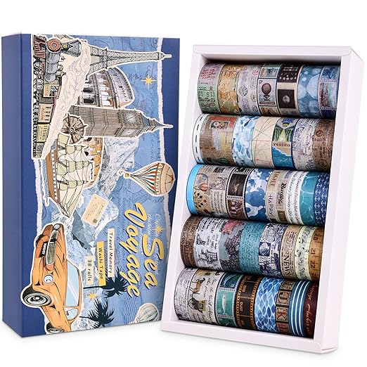 38 Rolls Vintage Washi Tape Set, Vintage Travel Stamp Map Scenery Art Letter Writable Decorative Tapes for Scrapbooking , Junk Journal Supplies, Bullet Journaling 5-25mm Wide 9.84ft long/Roll