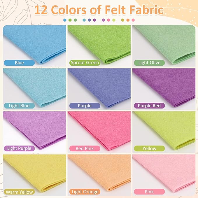 XSEINO 12 Rolls 8"x35" 1.4mm Thick Soft Felt Fabric Sheet 12 Assorted Macarone Series Colors Felt Pack for DIY Craft Sewing Squares Nonwoven Patchwork